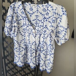 White and Blue Embroidered Blouse